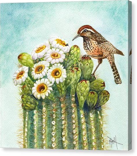 Arizona Watercolor Canvas Print Cactus Wren And Saguaro By Marilyn