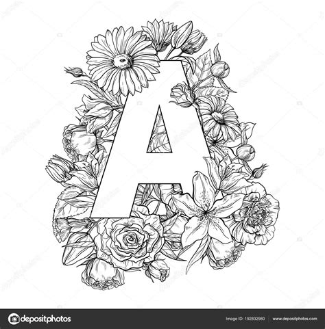 Vintage Flower Alphabet Hand Drawn Vector Illustration Isolated On