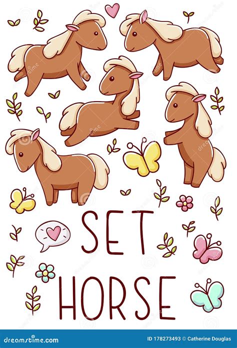 Set Cute Kawaii Hand Drawn Horse Doodles Isolated On White Background