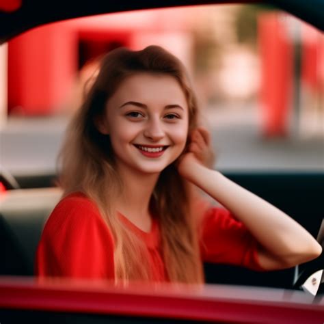 Krea Ai Smiling European Girl In A Red Dress Driving A Red