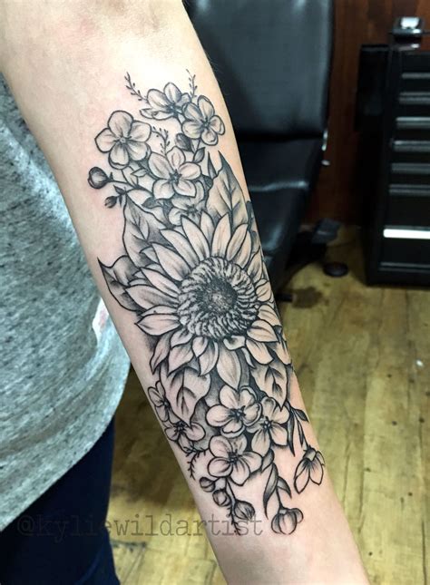 Sunflower And Cherry Blossoms Forearm Tattoo By Kylie Wild Heslop