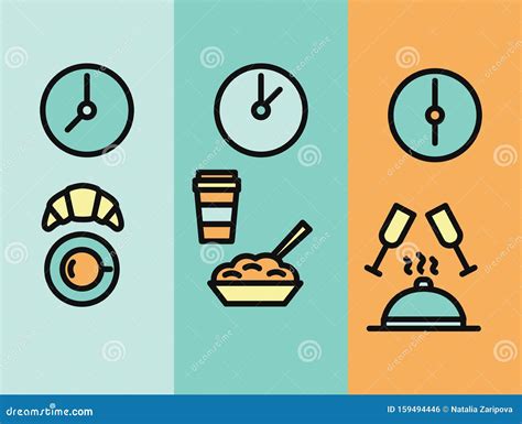 Vector Illustration Of Meal Time Breakfast Lunch Dinner Clock And