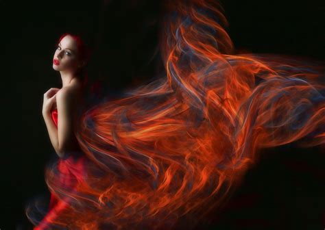 Wallpaper Digital Art Women Model Red Smoke Fire Flame