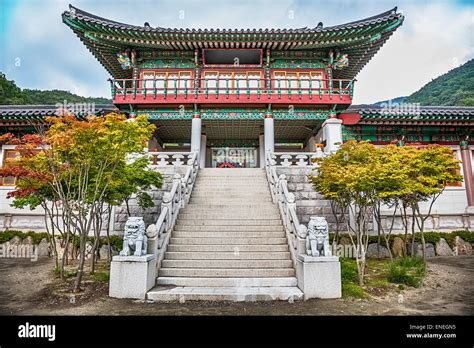 Traditional Korean Architecture Old Building Palace Or Monks Temple With Stairs In South Korea