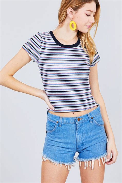 Short Sleeve Crew Neck Multi Stripe Rib Top The Jewelry Barn Ribbed Top Striped Crop Top Tops