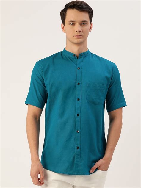 buy teal linen mandarin collar half sleeves shirt for men online in india japs premium