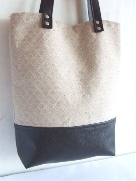Leather Tote Linen Tote Geometric Print Tote Bag Caramel Etsy