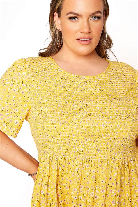Limited Collection Yellow Floral Shirred Peplum Top Yours Clothing