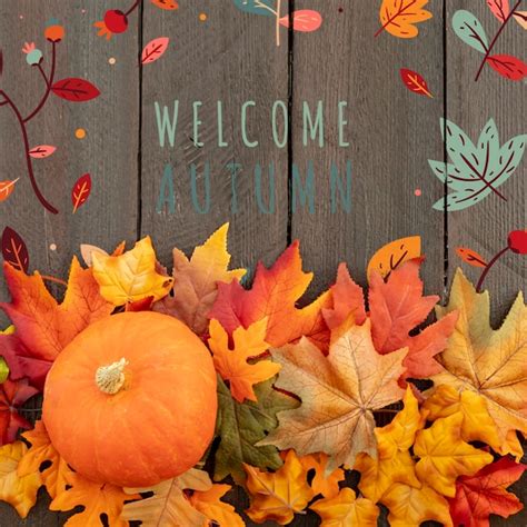 Free Psd Welcome Autumn With Full Grown Pumpkin And Leaves