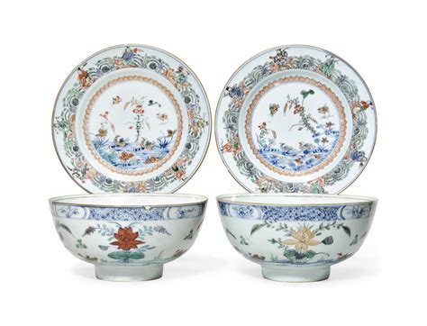 Two Chinese Doucai Lotus Pond Bowls And A Pair Of Ducks Dishes