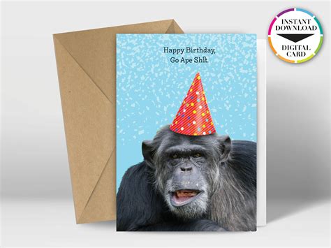 Instant Download Birthday Card Pdf Card Monkey Ape Easily Print From