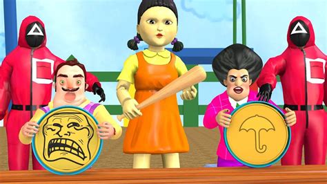 squid game 오징어 게임 vs scary teacher 3d miss t and 3 neighbor with orange candy shape challenge