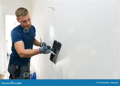 Home Improvement Construction Worker Renovating Apartment Walls Stock