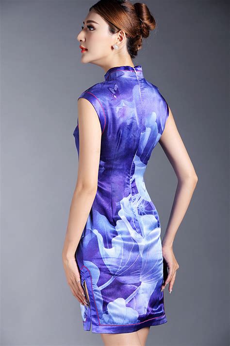 Incredible Lotus Print Silk Qipao Cheongsam Dress Qipao Cheongsam Dresses Women