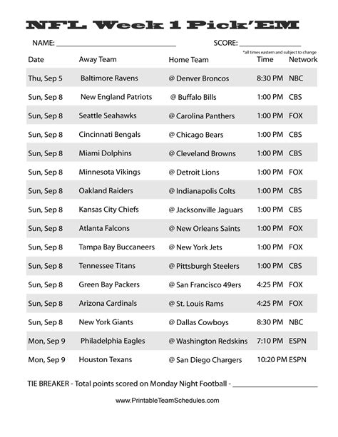 Nfl Football Printable Schedule