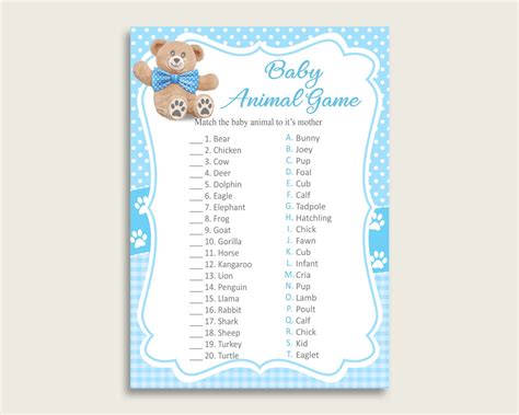 Teddy Bear Name The Baby Animals Game Printable Blue Brown Etsy