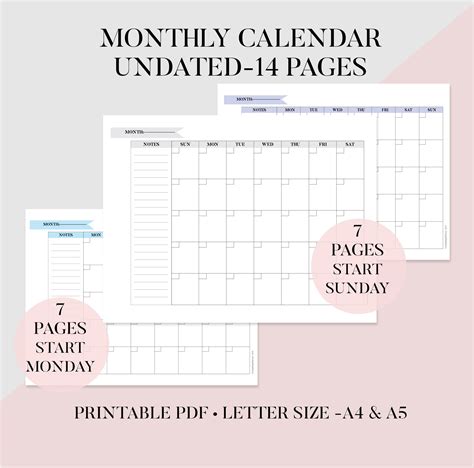 Monthly Calendar Printable Undated Calendar Minimal Blank Etsy