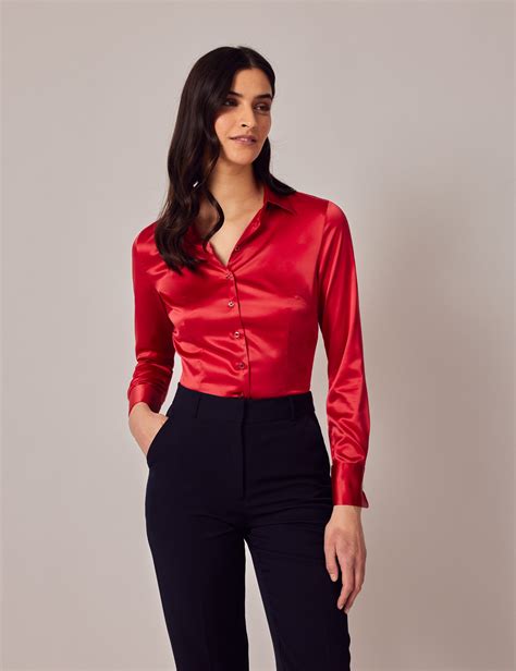 Womens Red Fitted Satin Shirt Double Cuffs