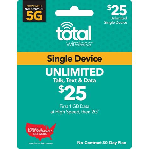 Total Wireless 25 Unlimited 30 Day Prepaid Plan 1gb At High Speed E