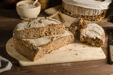 Cut Freshly Baked Whole Grain Rye Bread Homemade Baked Goods Stock