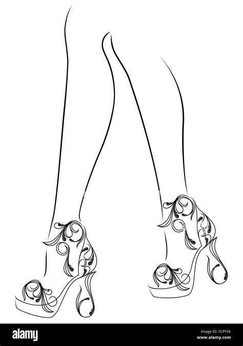 sketching outline of elegant female feet in abstract floral shoes with high heels black over