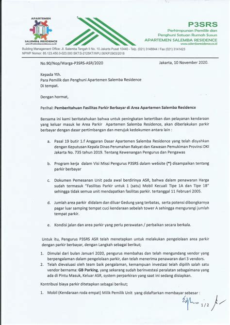 Surat Edaran Parkir Berbayar Salemba Residence | P3SRS Apartemen
