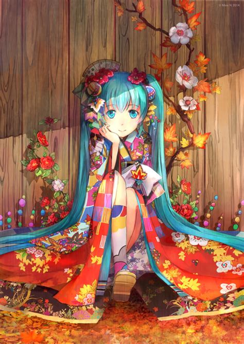 Wallpaper Flowers Anime Girls Vocaloid Hatsune Miku Petals Kimono Traditional Clothing