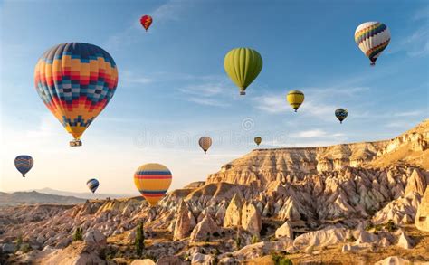 Hot Air Balloons Flying Over Cappadocia Goreme Turkey Stock Photo