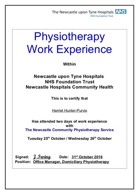 Physiotherapy Experience Certificate