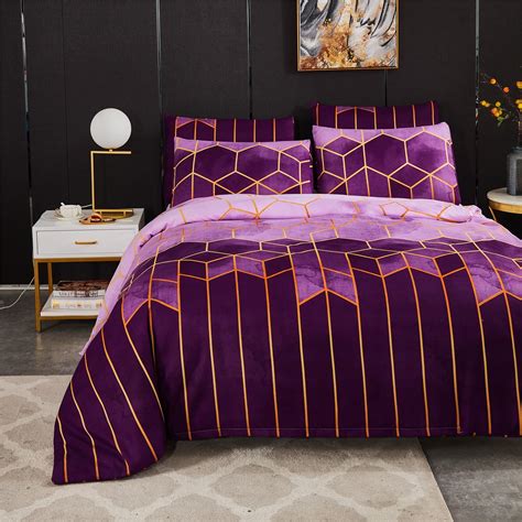 Purple Gradient Color Gold Geometric Bedding Duvet Cover Set Queen