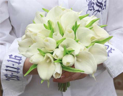 Bride Bridesmaid Wedding Bouquet Real Touch Calla Lilies And Tulips Grooms Buttonhol By