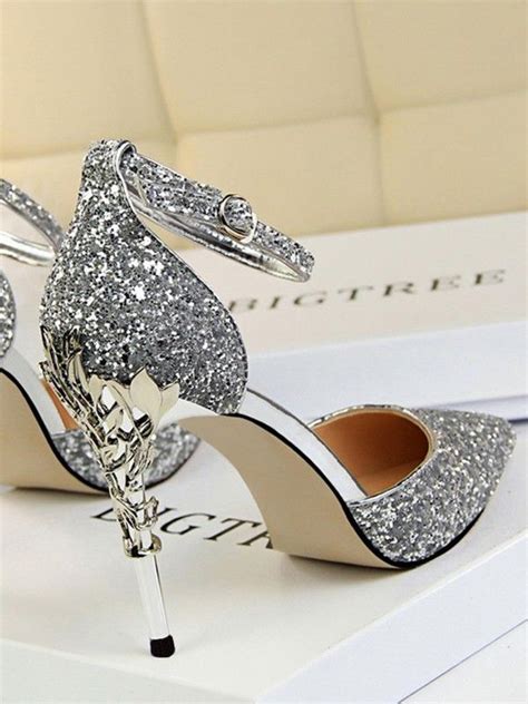 silver giltter diamond sparkly point toe sequin stiletto party prom wedding high heeled shoes