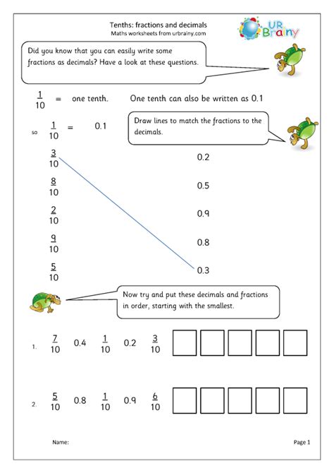 Tenths Fractions As Decimals Fraction Worksheets For Year 3 Age 7 8