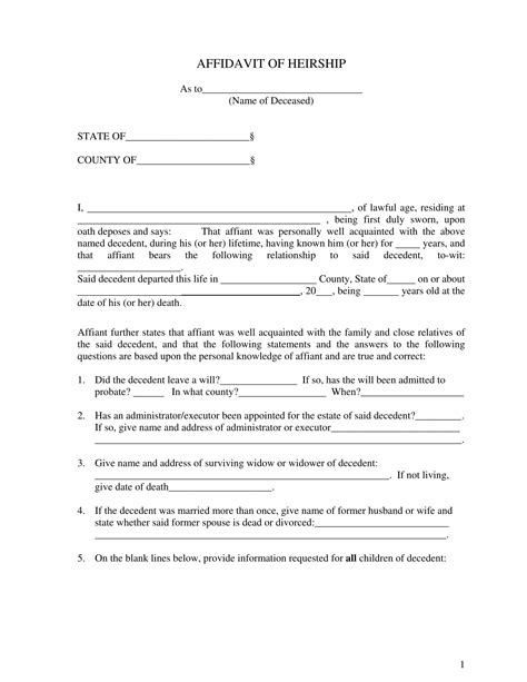 Free Printable Affidavit Of Heirship
