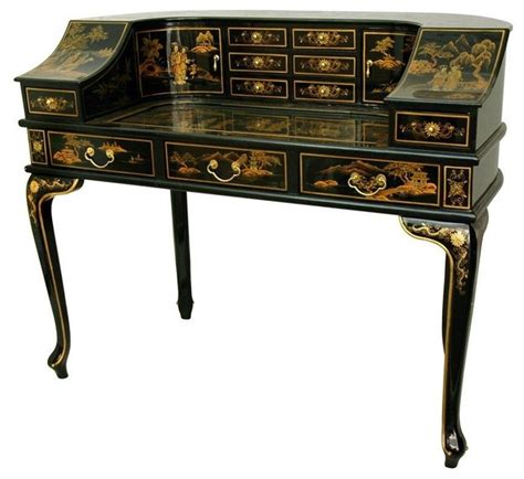 Oriental Furniture Black Lacquer Ladies Desk With Gold Chinoiserie