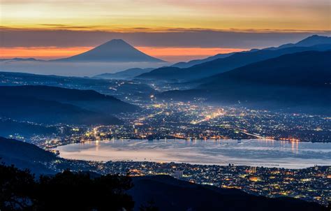 Wallpaper City Lights Japan Twilight Mount Fuji Sky Sea