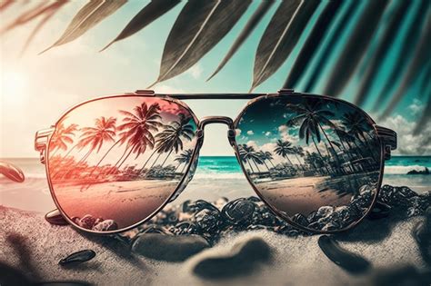 Premium Ai Image Sunglasses In Style Superimposed On A Tropical Beach
