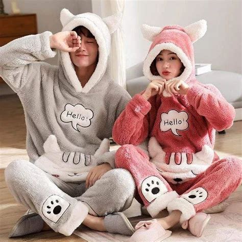 Cute Couple Pajamas Hello Color Grey And Pink Couple Pajamas