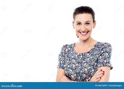 middle aged woman smiling isolated on white stock image image of folded hands 45815699