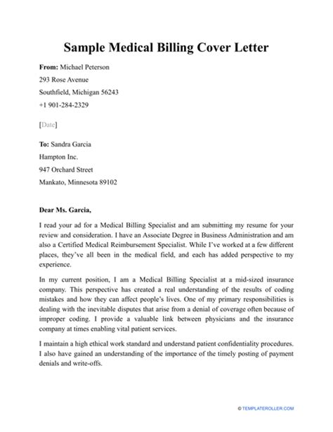 Sample Medical Billing Cover Letter Download Printable Pdf Templateroller