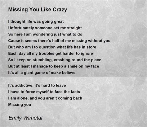 Missing You Like Crazy By Emily Wimetal Missing You Like Crazy Poem