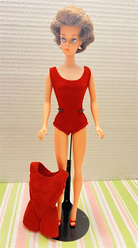 Mavin Vintage Mattel Barbie Brunette Bubble Cut Doll In Original Red Swimsuit