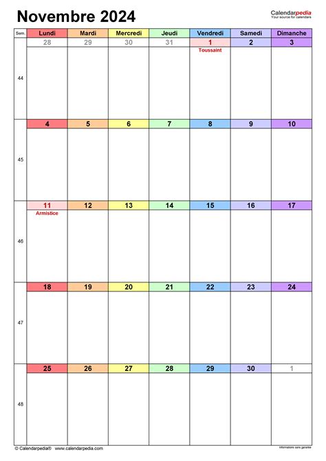 Calendrier Novembre 2024 Excel Word Et Pdf Calendarpedia