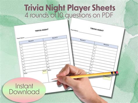 Trivia Answer Sheet Printable Pdf 4 Rounds Of 10 Questions Blank