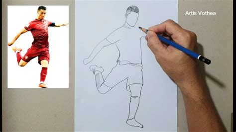 Drawing Cristiano Ronaldo kicking the ball with a pencil / How to draw