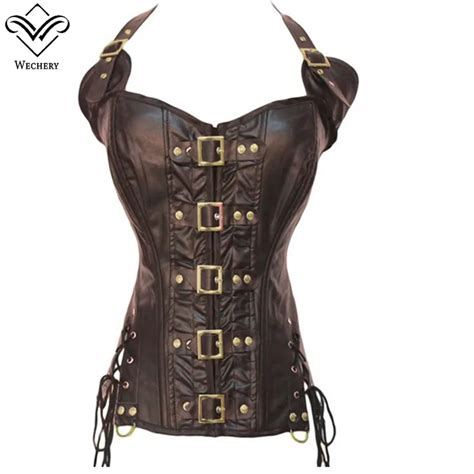 Wechery New Women Steampunk Corset Halter Sexy Push Up Leather Corselet Lace Up Button Bustiers