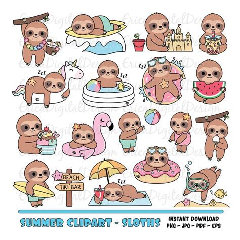 Cute Sloths Clipart Kawaii Summer Sloth Beach Pool Party Etsy Kawaii Clipart Sloth Sloths