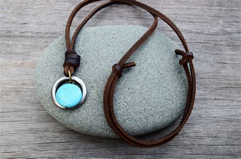 Men S Leather Turquoise Howlite Stone Necklace Adjustable Gunmetal O