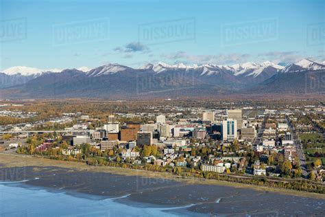 Aerial View Of Downtown Anchorage The Chugach Mountains And Cook Inlet