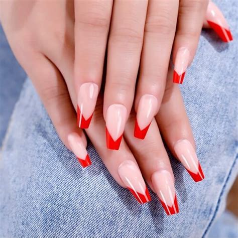 Coffin Red French Tip Acrylic Nails Trendy And Elegant Designs